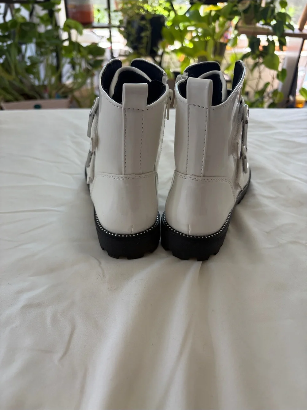 Sonoma White Patent Double-Buckle Kids Combat Boots